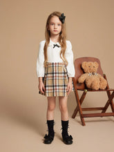 PrepCrw Young Girls Autumn/Winter Preppy British Style White Knit Elastic Check Print Collared Fitted Dress, Back To School